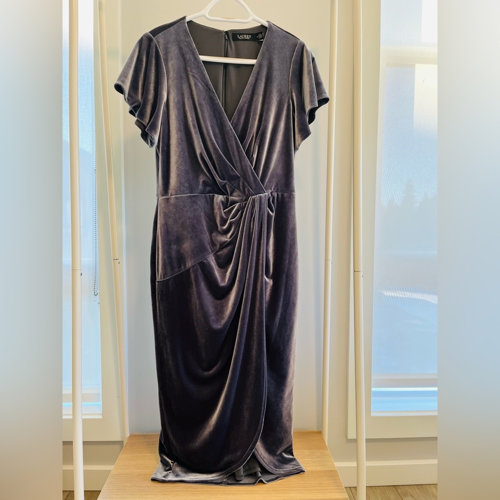 Lauren Ralph Lauren Steel Grey Velvet Draped Dress – Size 8